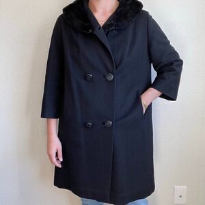 Vintage 80s Womens Fur Collar Black Wool Retro Mid Length Trench Coat Sz L